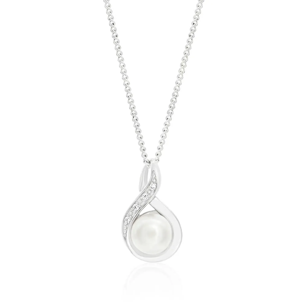 Sterling Silver Freshwater Pearl and Zirconia Infinity Pendant Shiels