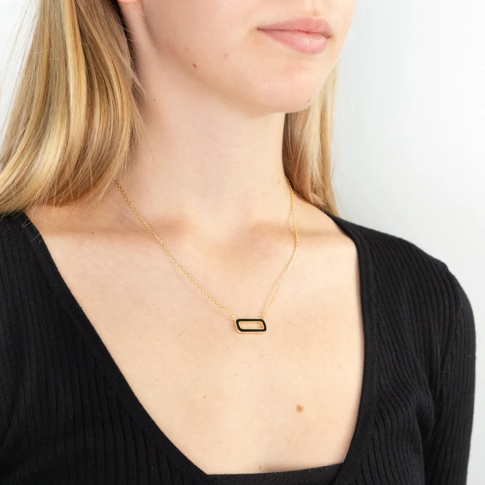 Sterling Silver Gold Plated Black Enamel Rectangle Pendant On 45.5cm Chain Shiels