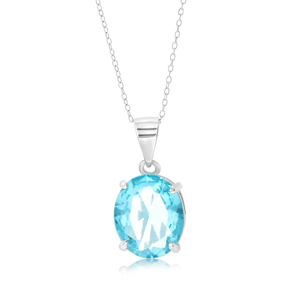 Sterling Silver Oval Created Blue Topaz Pendant On Chain Shiels