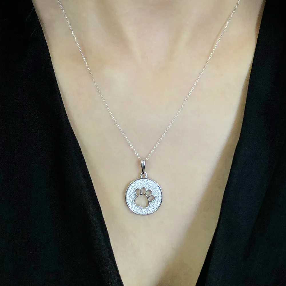 Sterling Silver Paw Print Zirconia Disc Pendant Shiels