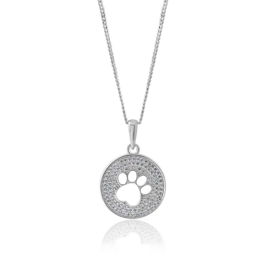 Sterling Silver Paw Print Zirconia Disc Pendant Shiels