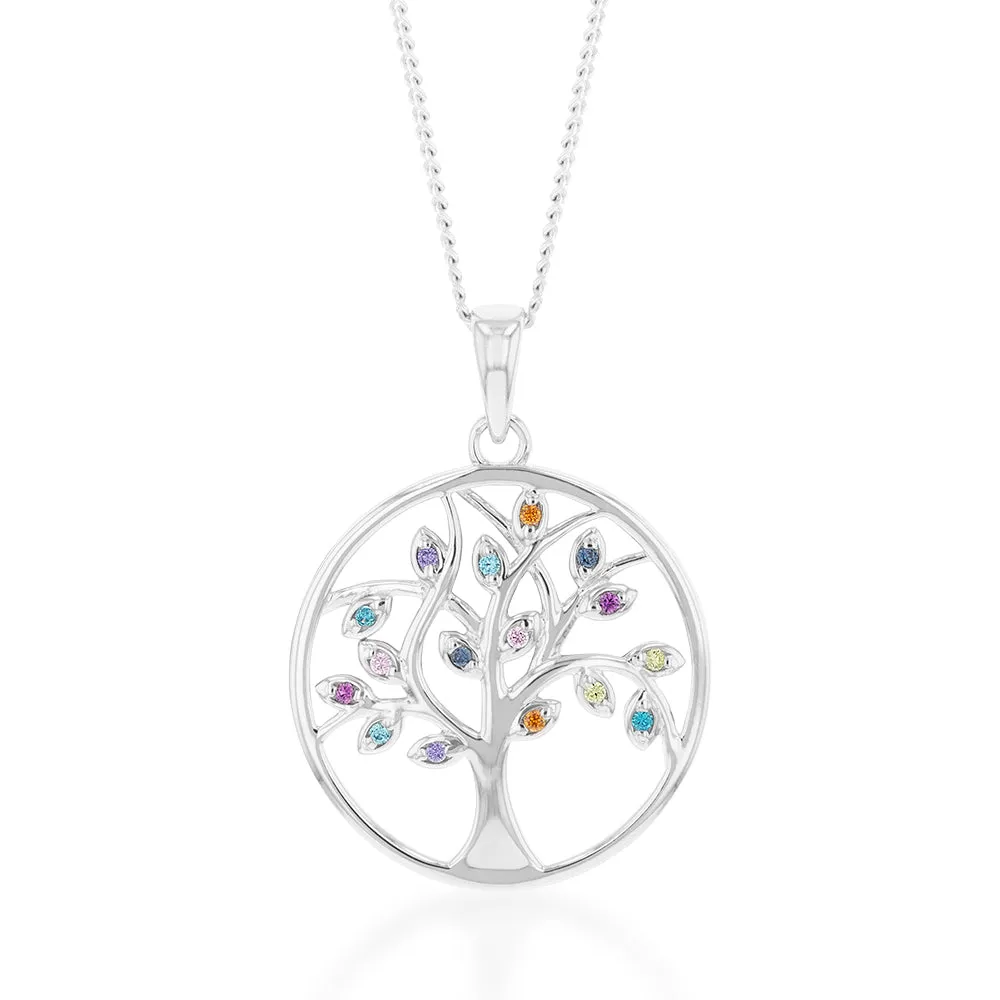 Sterling Silver Rainbow Multicolour Cubic Zirconia Tree Of Life Pendant Shiels
