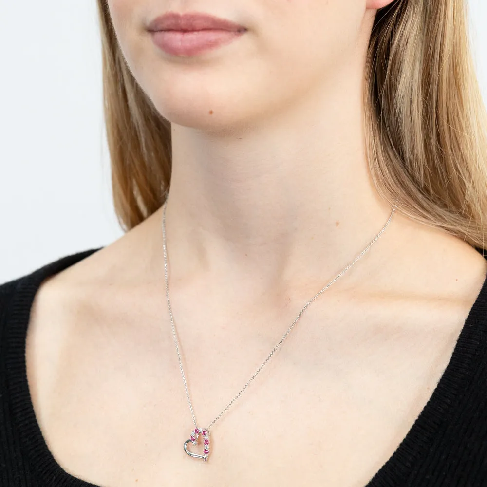 Sterling Silver Rhodium Plated Pink And White CZ Heart Pendant With 45cm Chain Shiels