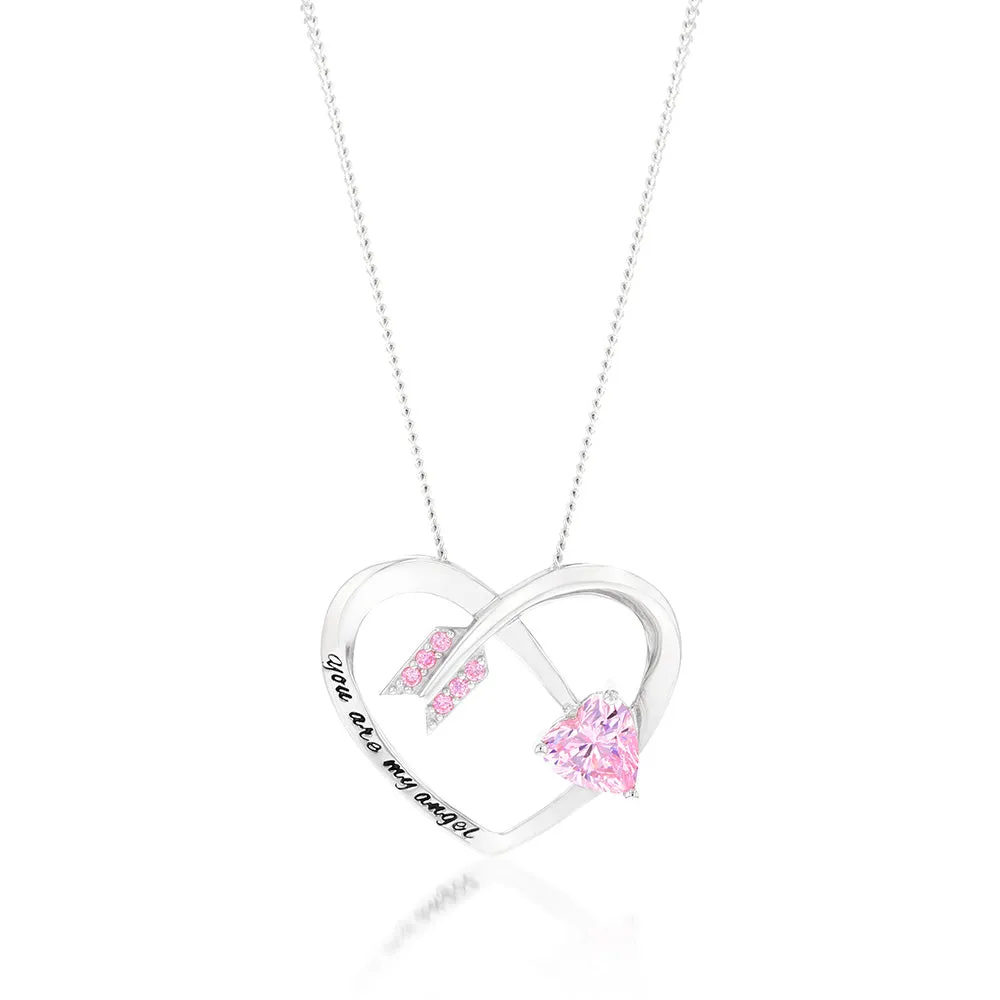 Sterling Silver Rhodium Plated Pink CZ Arrow Heart With Inscription Pendant Shiels