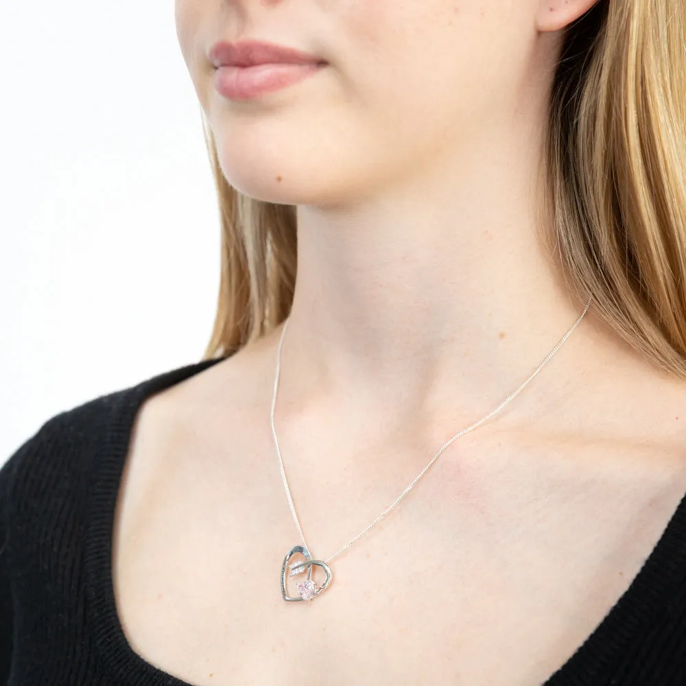 Sterling Silver Rhodium Plated Pink CZ Arrow Heart With Inscription Pendant Shiels