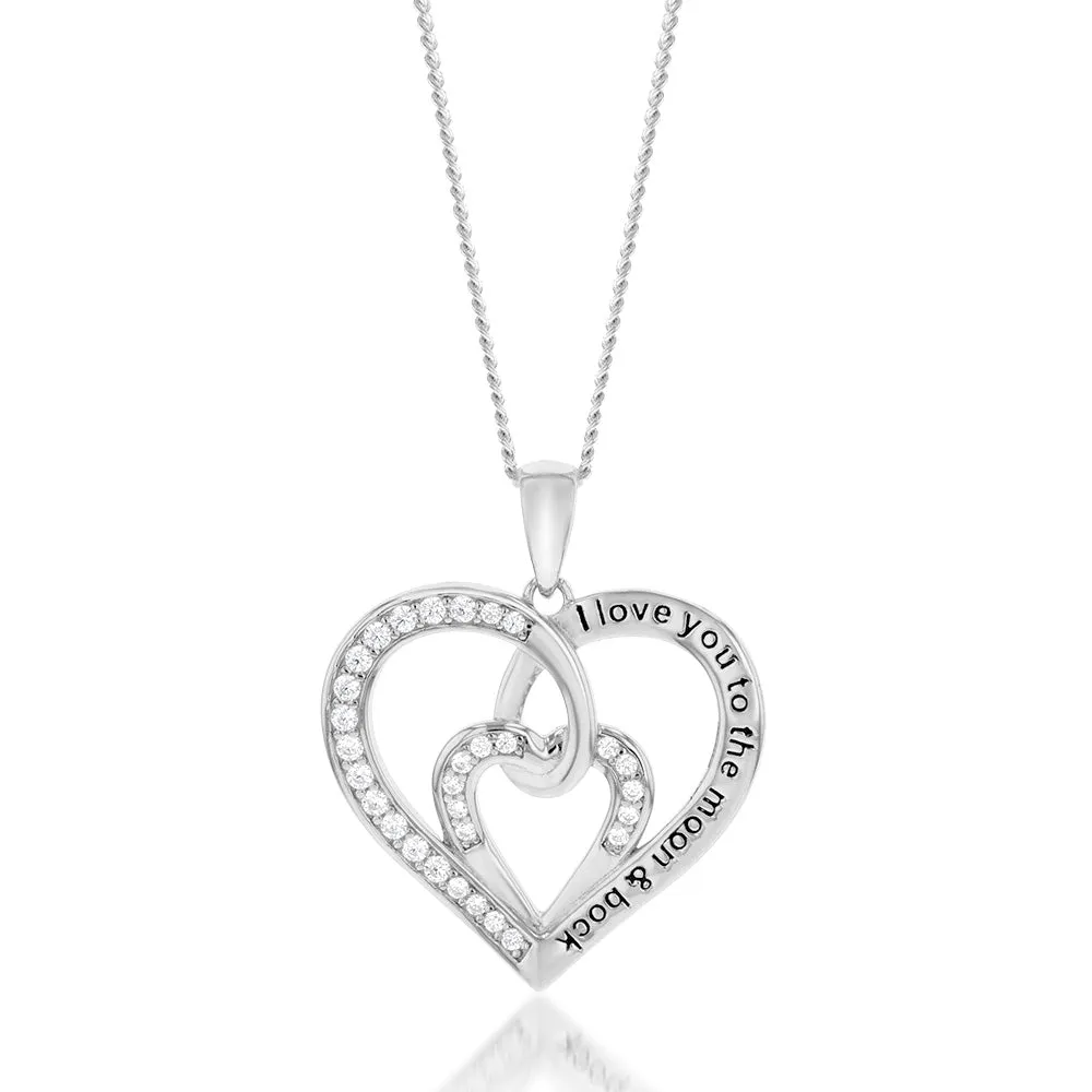 Sterling Silver Rhodium Plated White Cubic Zirconia Inscription Fancy Heart Pendant Shiels