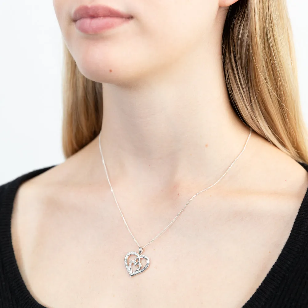 Sterling Silver Rhodium Plated White Cubic Zirconia Inscription Fancy Heart Pendant Shiels