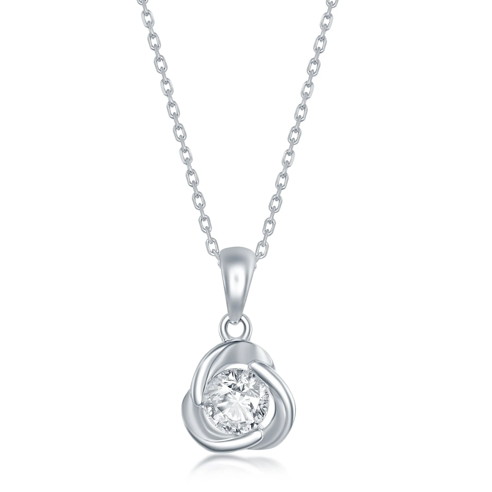 Sterling Silver Round CZ Love Knot Stud Earrings Necklace Set