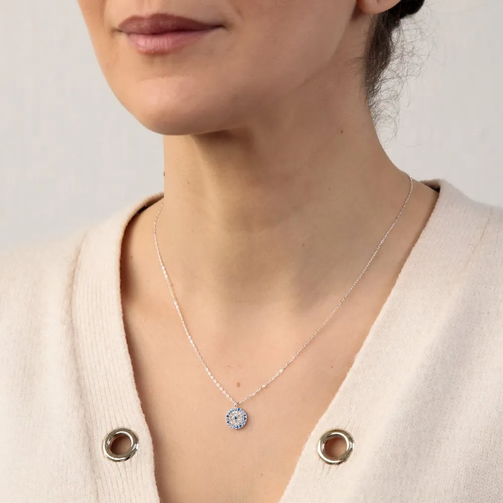 Sterling Silver White And Blue Round Pendant On 45cm Chain Shiels