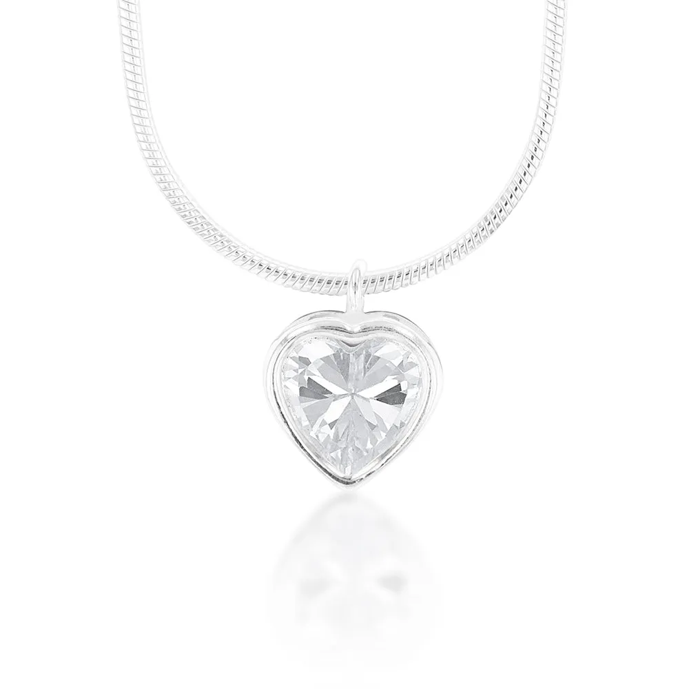 Sterling Silver White Cubic Zirconia Heart Pendant with 40cm Snake Chain Shiels