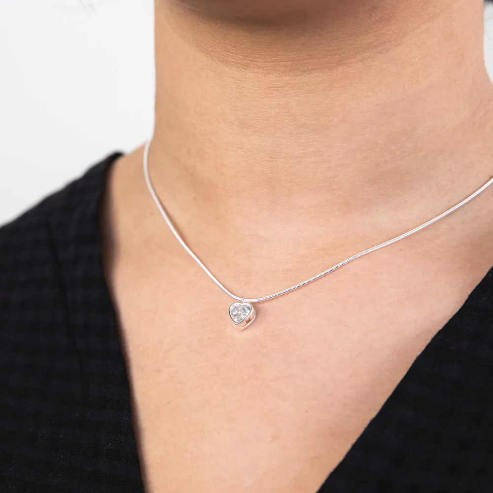 Sterling Silver White Cubic Zirconia Heart Pendant with 40cm Snake Chain Shiels