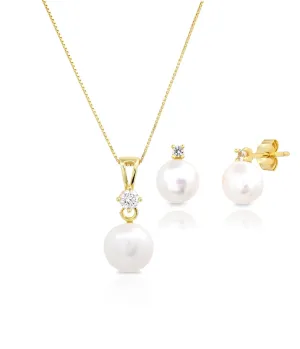 Sterling Silver Yellow Gold Plate Cultured Pearl & Created White Sapphire Set