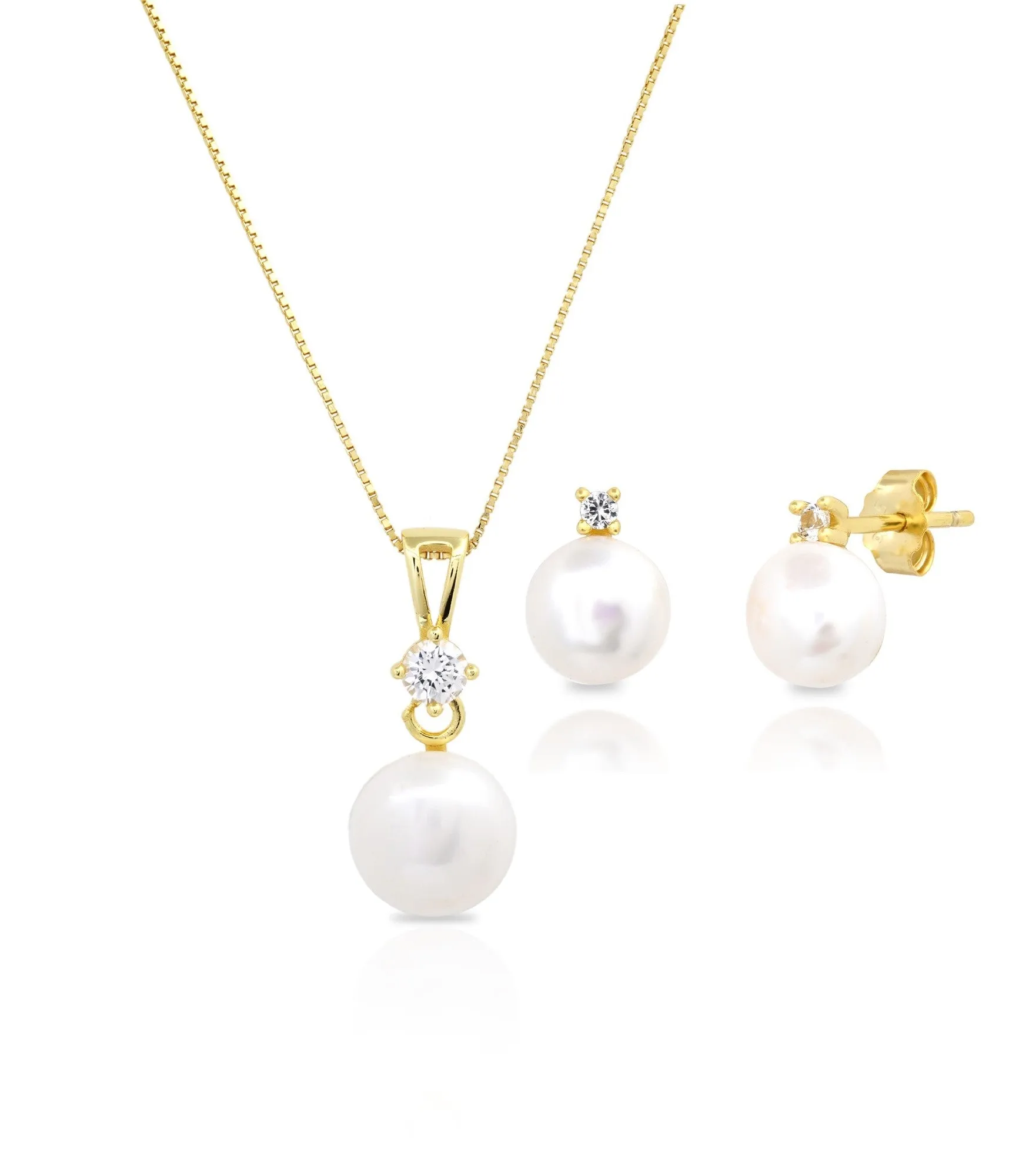 Sterling Silver Yellow Gold Plate Cultured Pearl & Created White Sapphire Set