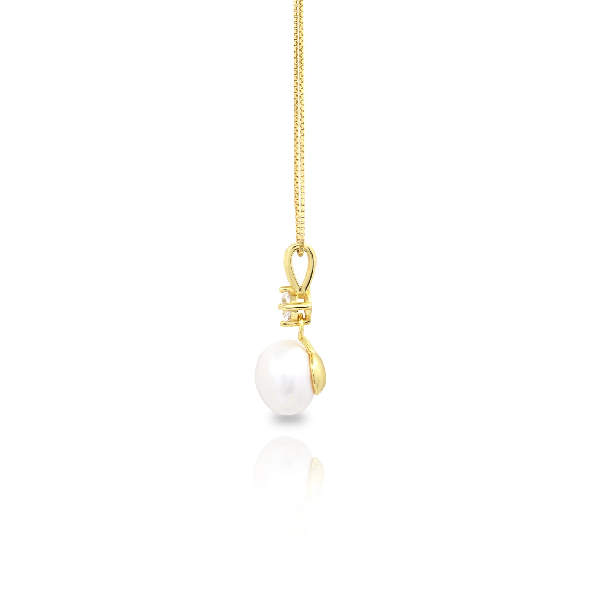 Sterling Silver Yellow Gold Plate Cultured Pearl & Created White Sapphire Set