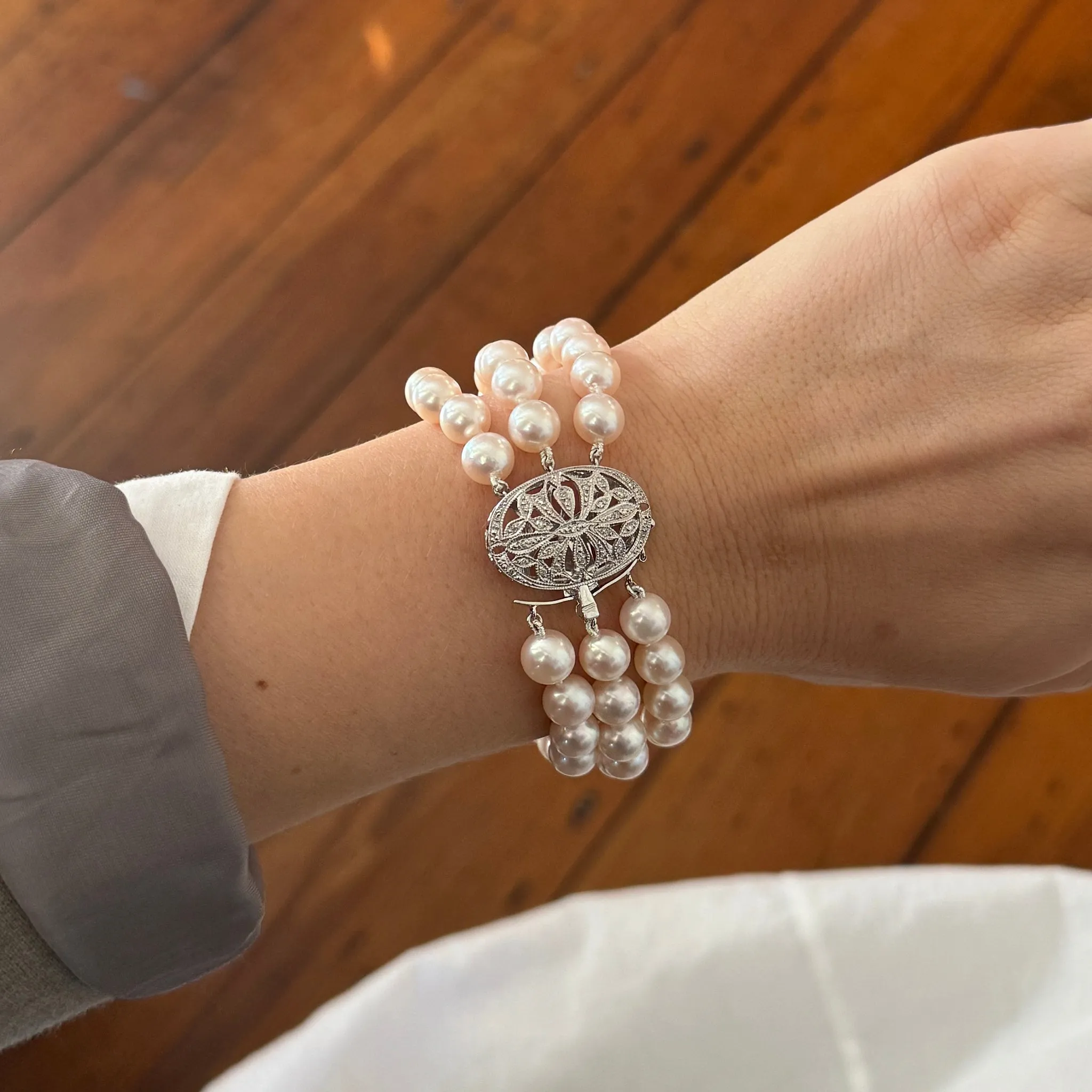 Three-Strand Akoya Pearl & Diamond Clasp 14K Gold Bracelet