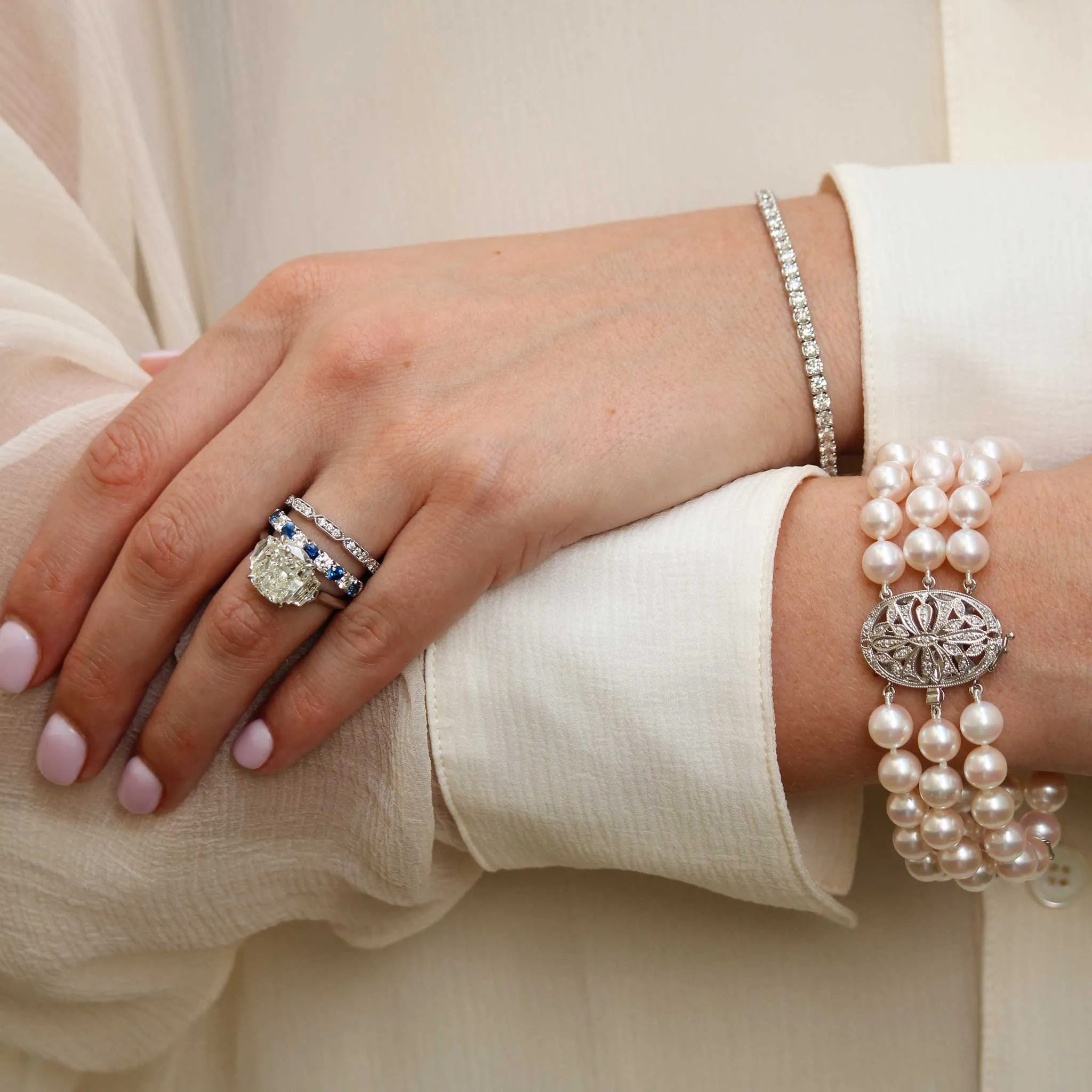 Three-Strand Akoya Pearl & Diamond Clasp 14K Gold Bracelet