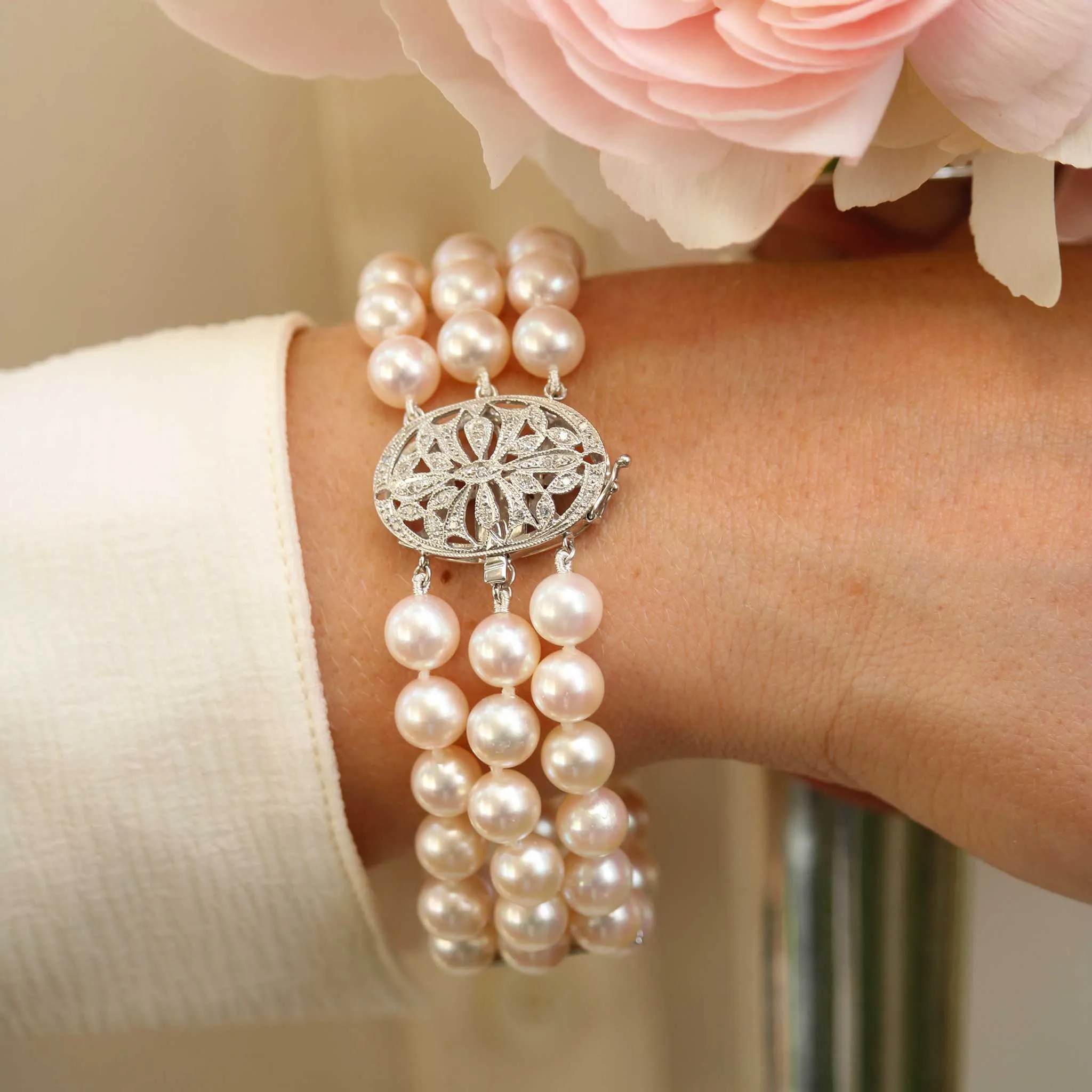 Three-Strand Akoya Pearl & Diamond Clasp 14K Gold Bracelet