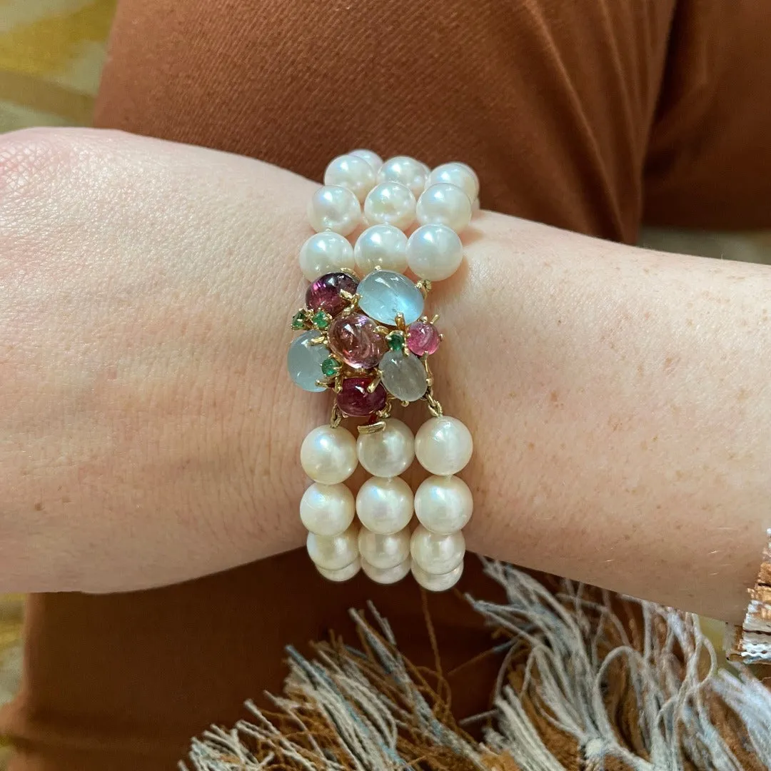 Triple-Strand Akoya Pearl & Multi Stone Clasp 14K Gold Bracelet