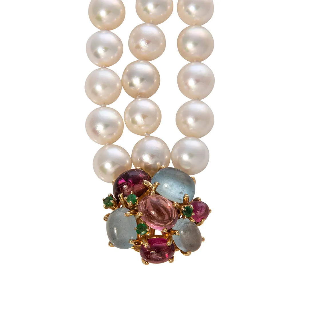 Triple-Strand Akoya Pearl & Multi Stone Clasp 14K Gold Bracelet