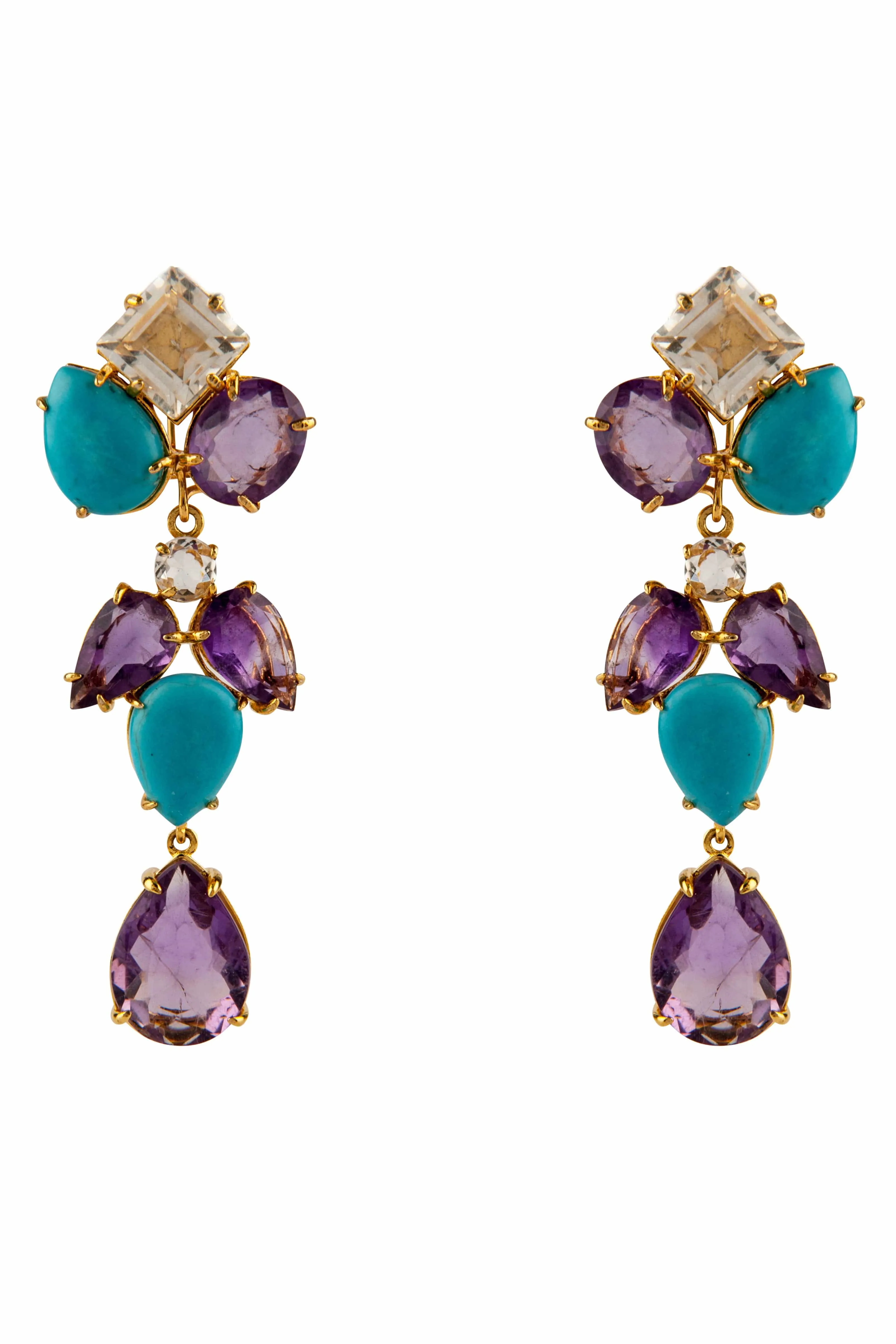 Turquoise, Amethyst and Quartz Long Drop Earrings