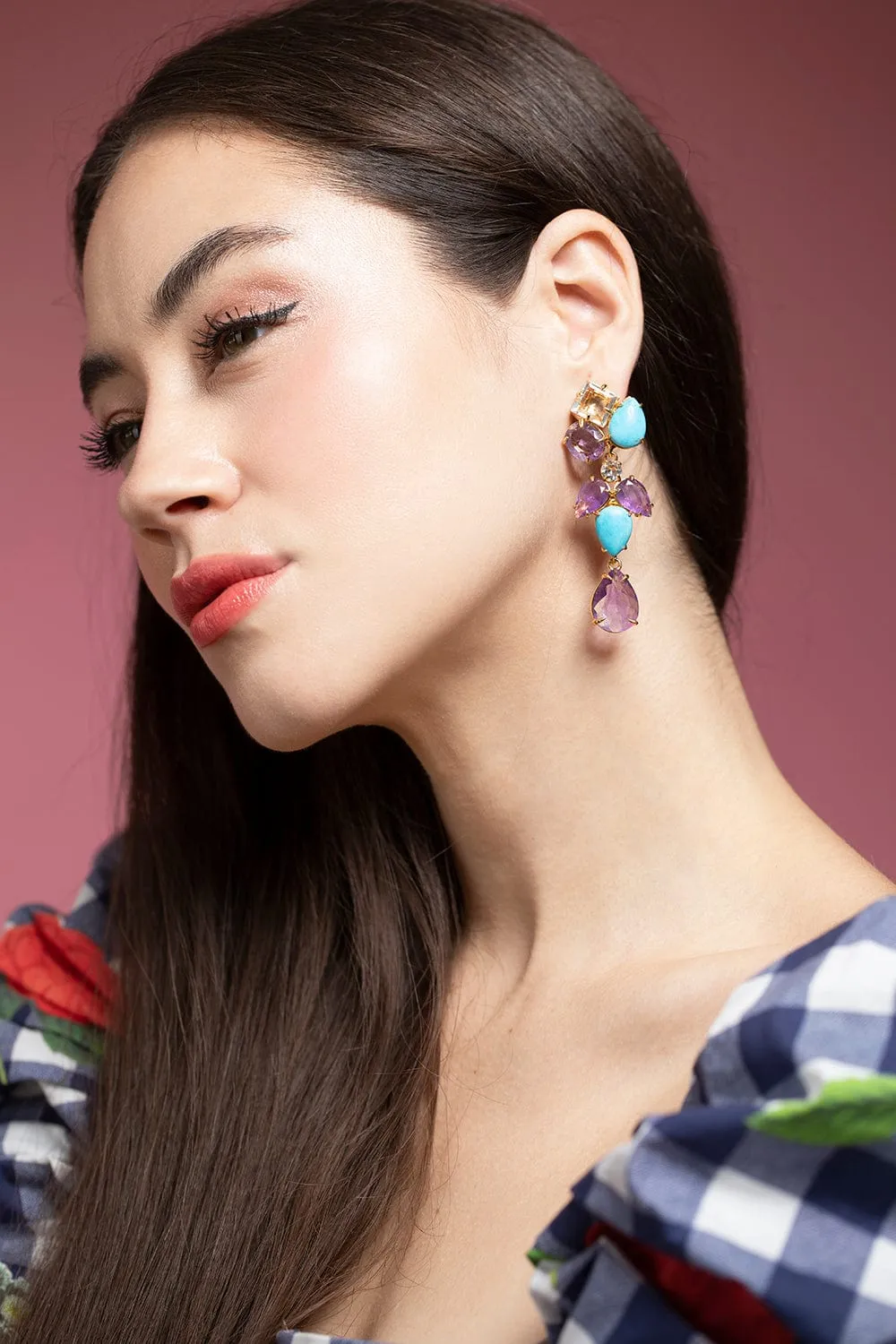 Turquoise, Amethyst and Quartz Long Drop Earrings