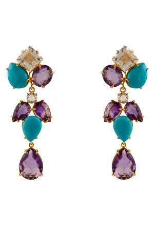Turquoise, Amethyst and Quartz Long Drop Earrings