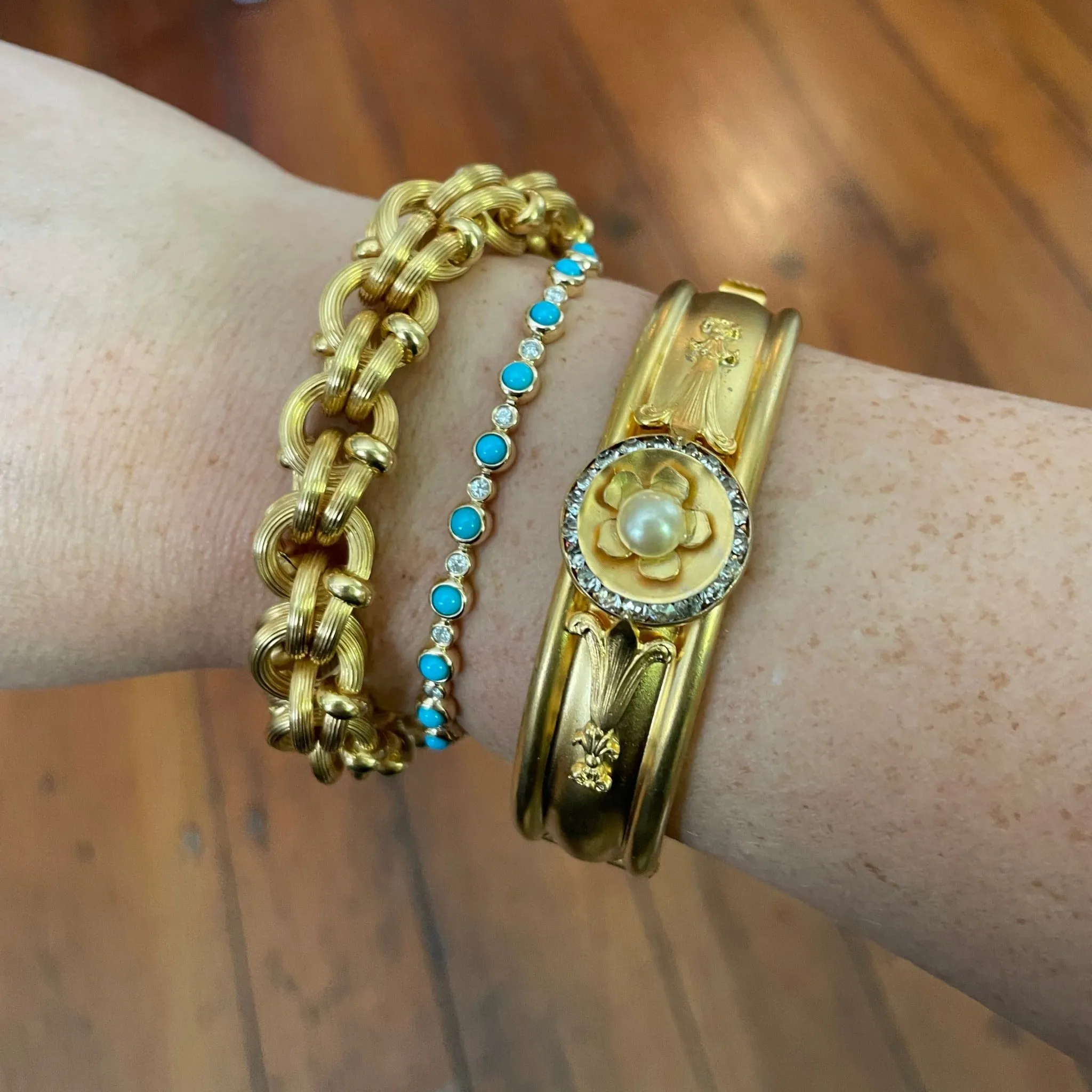 Turquoise & Diamond Bezel Set 14K Yellow Gold Tennis Bracelet