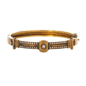 Victorian Old Mine Cut Diamond & Seed Pearl 15K Gold Bangle