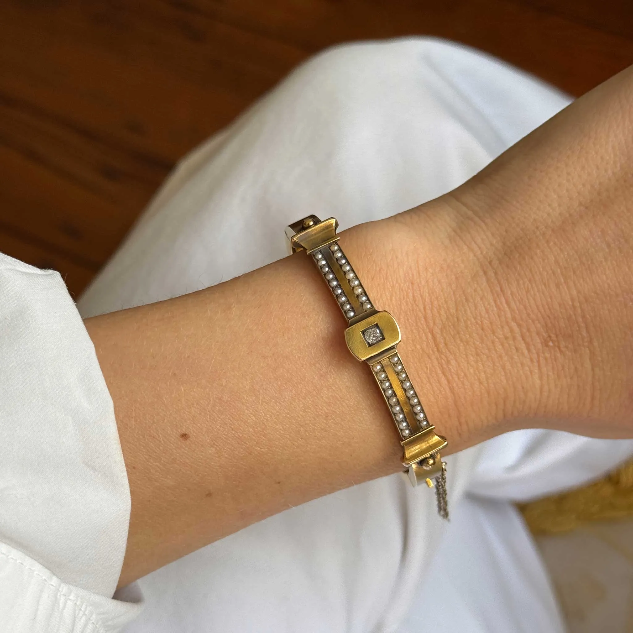 Victorian Old Mine Cut Diamond & Seed Pearl 15K Gold Bangle