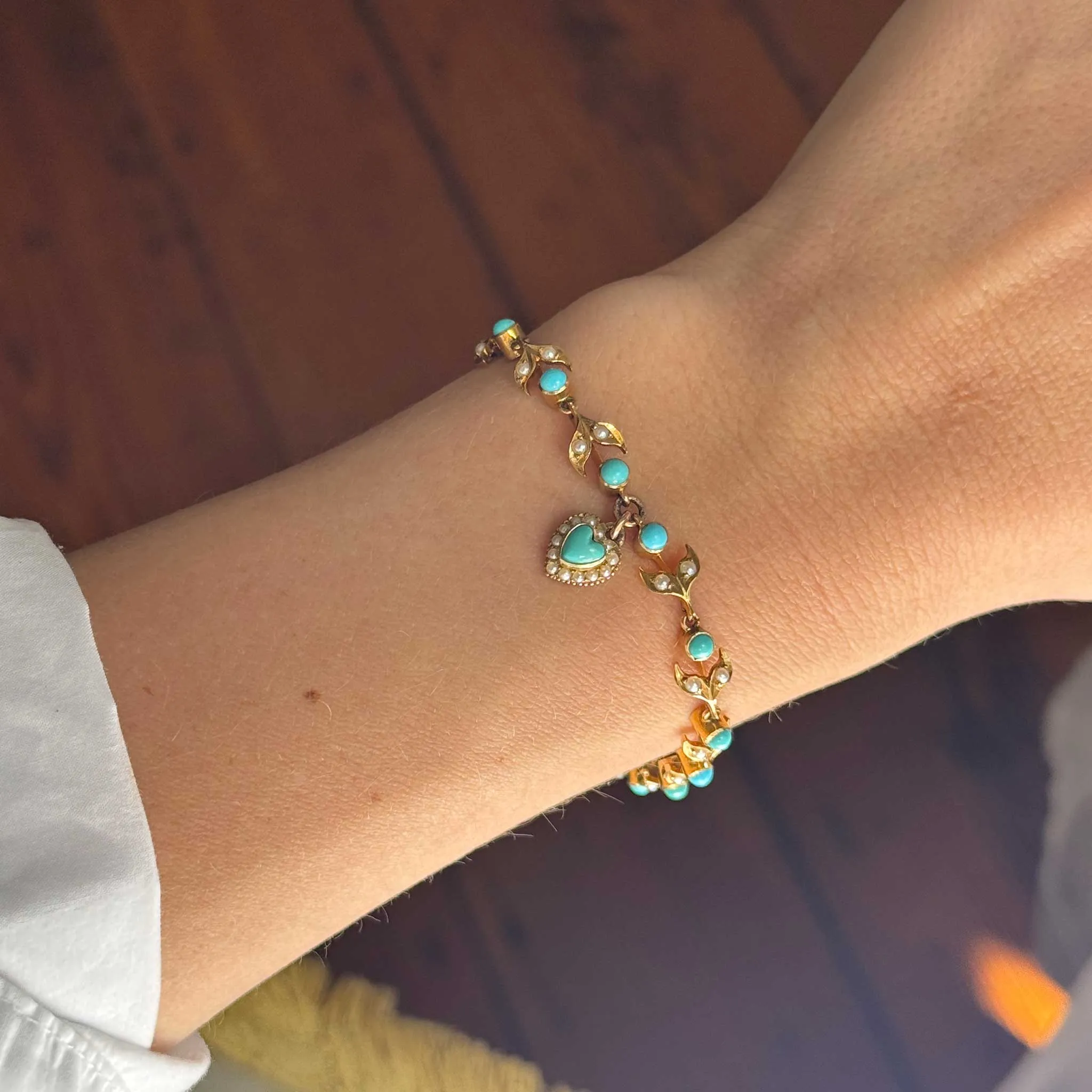 Victorian Turquoise & Seed Pearl 14K Gold Bracelet