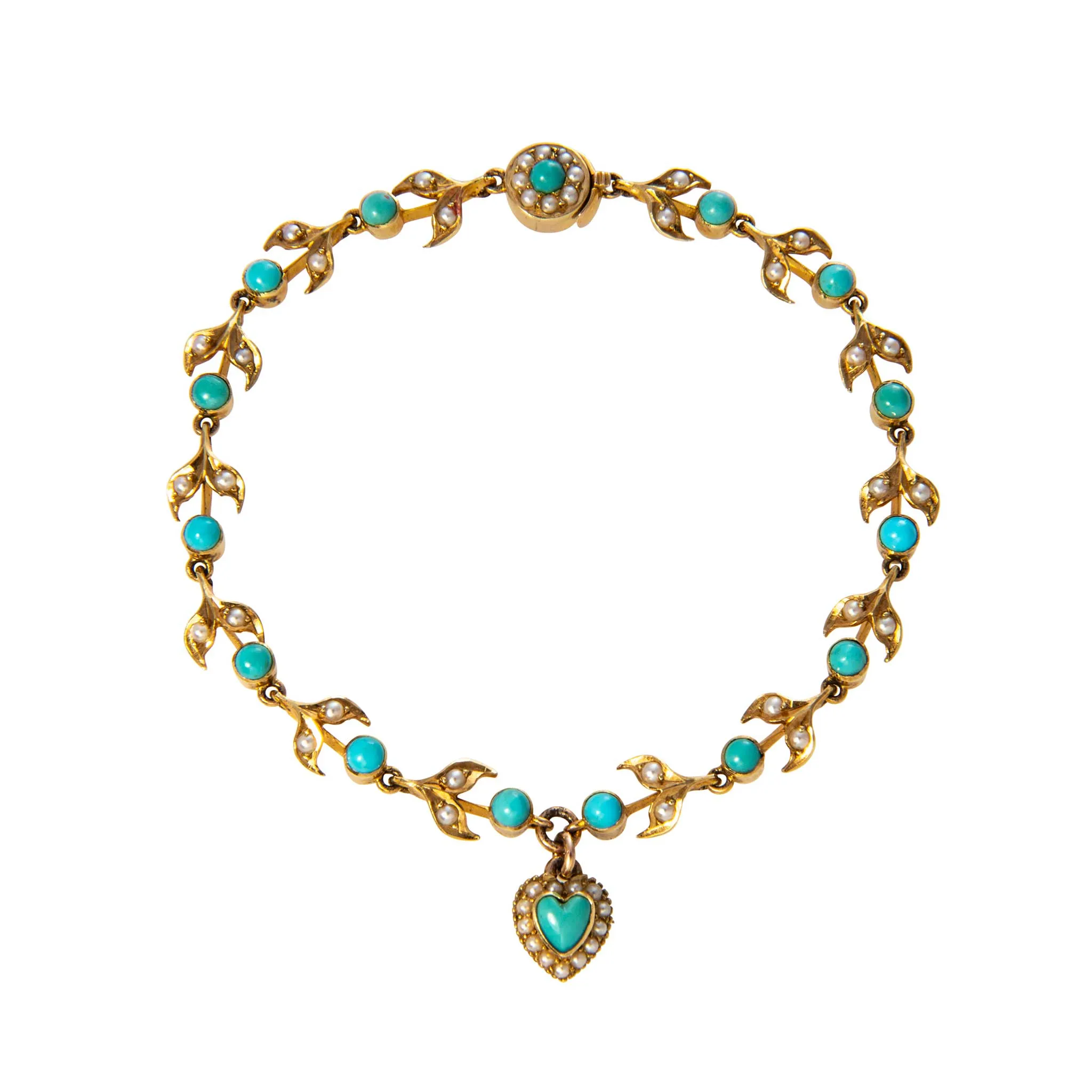 Victorian Turquoise & Seed Pearl 14K Gold Bracelet