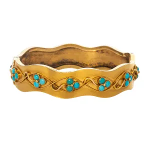 Victorian Turquoise Clover 14K Yellow Gold Wavy Bangle