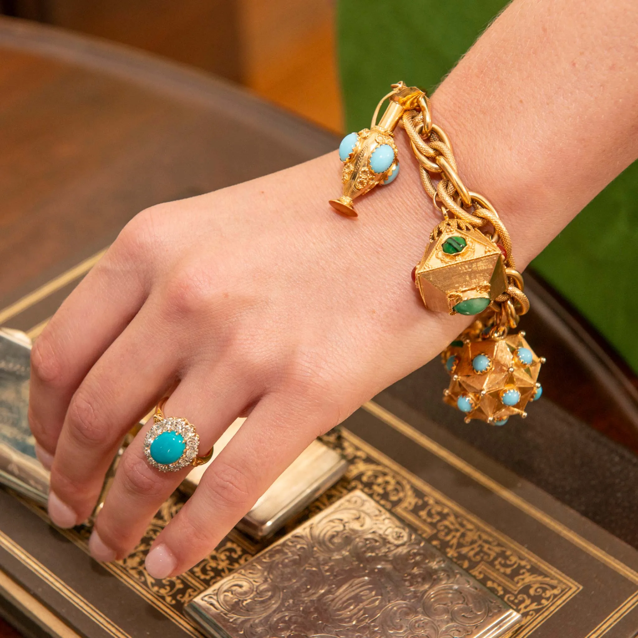 Vintage 18K Gold Multi-Stone Fob Charm Bracelet