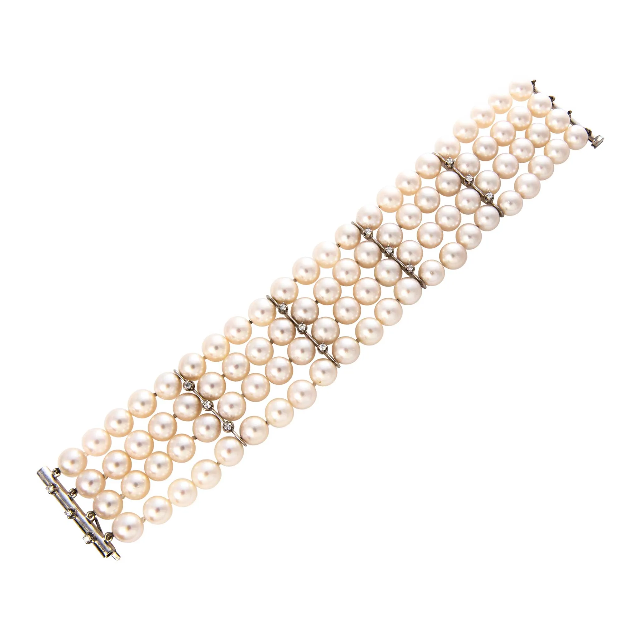 Vintage 4-Strand Pearl & Diamond 18K White Gold Bracelet