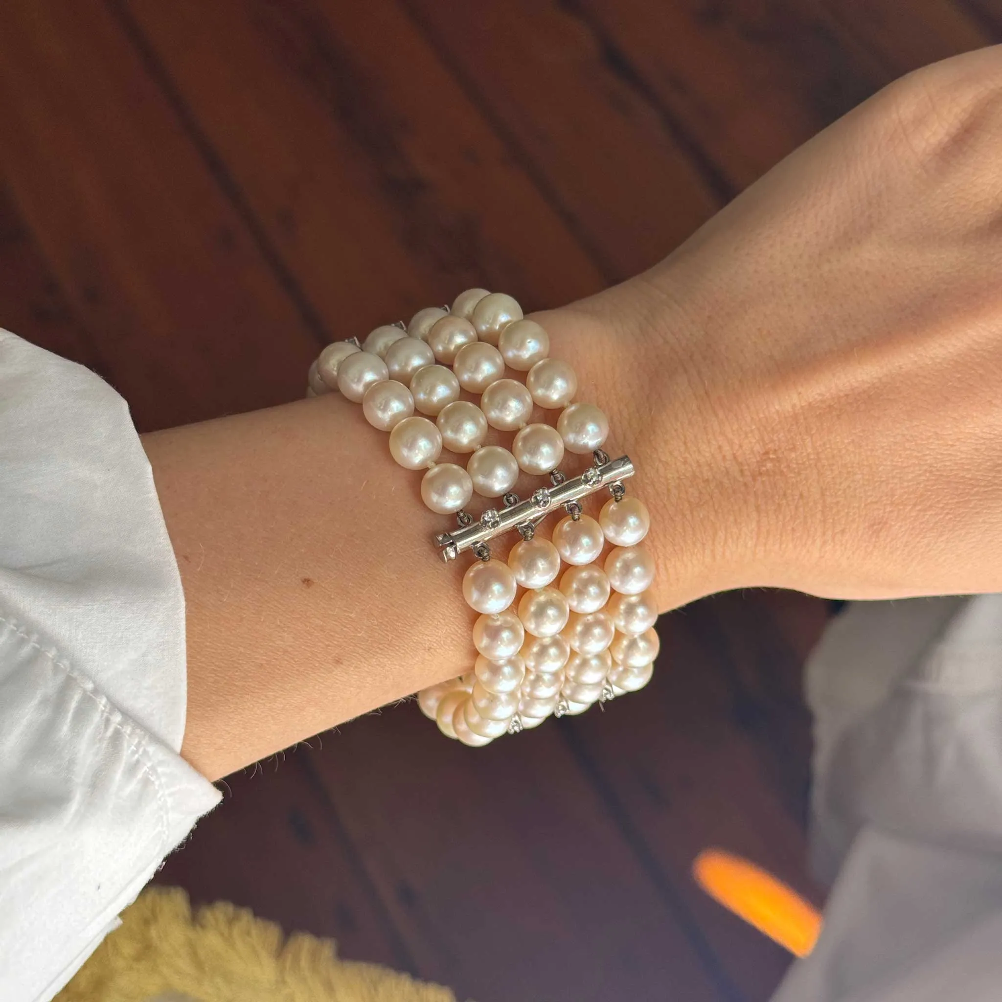 Vintage 4-Strand Pearl & Diamond 18K White Gold Bracelet