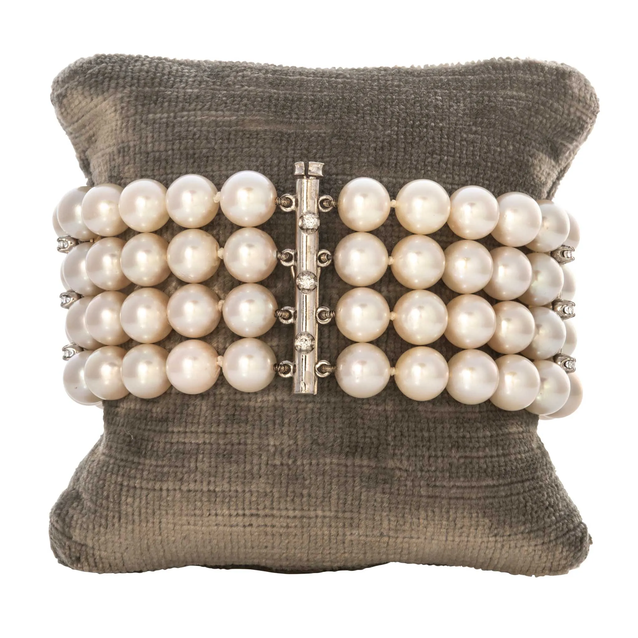 Vintage 4-Strand Pearl & Diamond 18K White Gold Bracelet