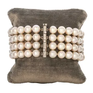 Vintage 4-Strand Pearl & Diamond 18K White Gold Bracelet