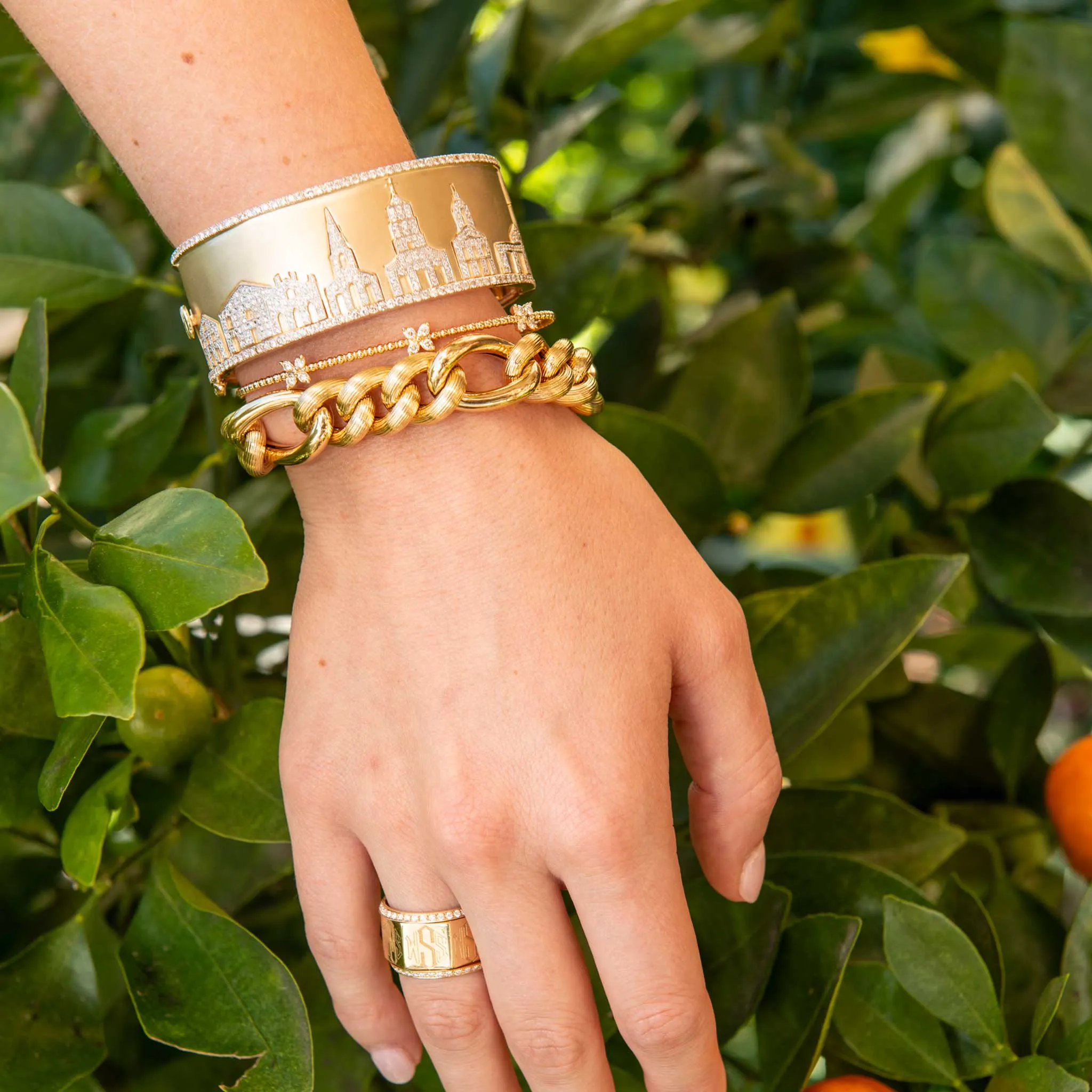 Wide Charleston Skyline Cuff Bangle with Diamonds